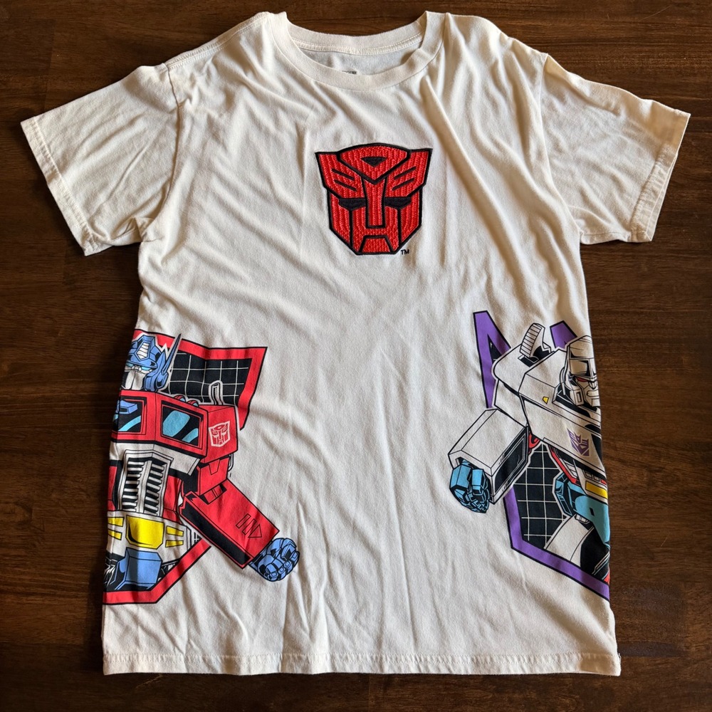 Transformers Optimus Prime Megatron Graphic T-Shirt Embroidered Autobot Cream L